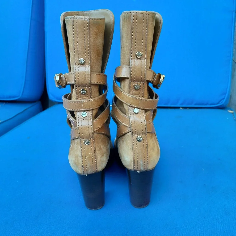 Tory Burch Tan‎ Suede Leather Strappy Buckle Block Heel Ankle Boots